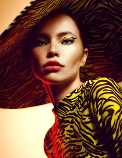 Portrait de beauté d'une belle dame avec un maquillage créatif et un grand chapeau zèbre en studio